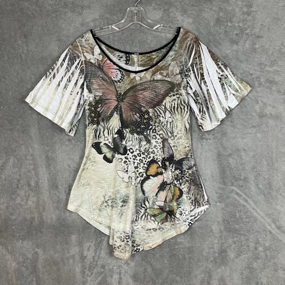 Vintage Y2K Butterfly Tunic Top Womens S Animal Print Fairycore Boho Artsy USA